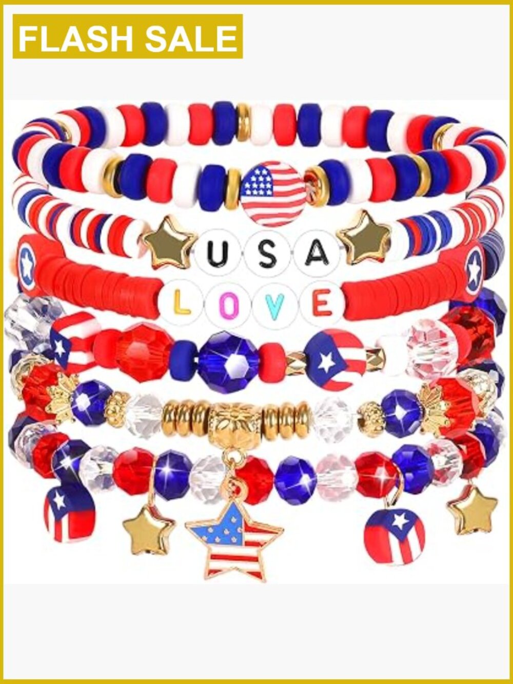 Patriotic Bracelets Set of 6 - 4th of July Independence Day Wristbands for Women